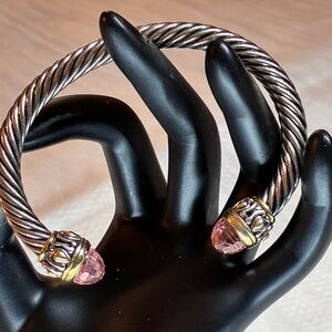 Gorgeous Silver Tone Rope Bangle With Pink Crystal Caps Size 7” & Adjustable